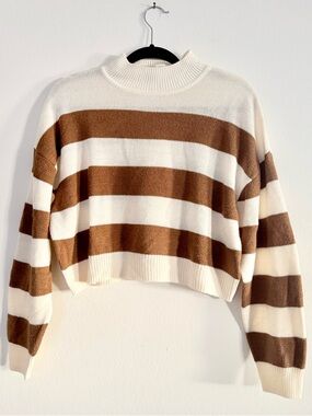 H&M Striped Cream and Brown High Neck Crop Sweater